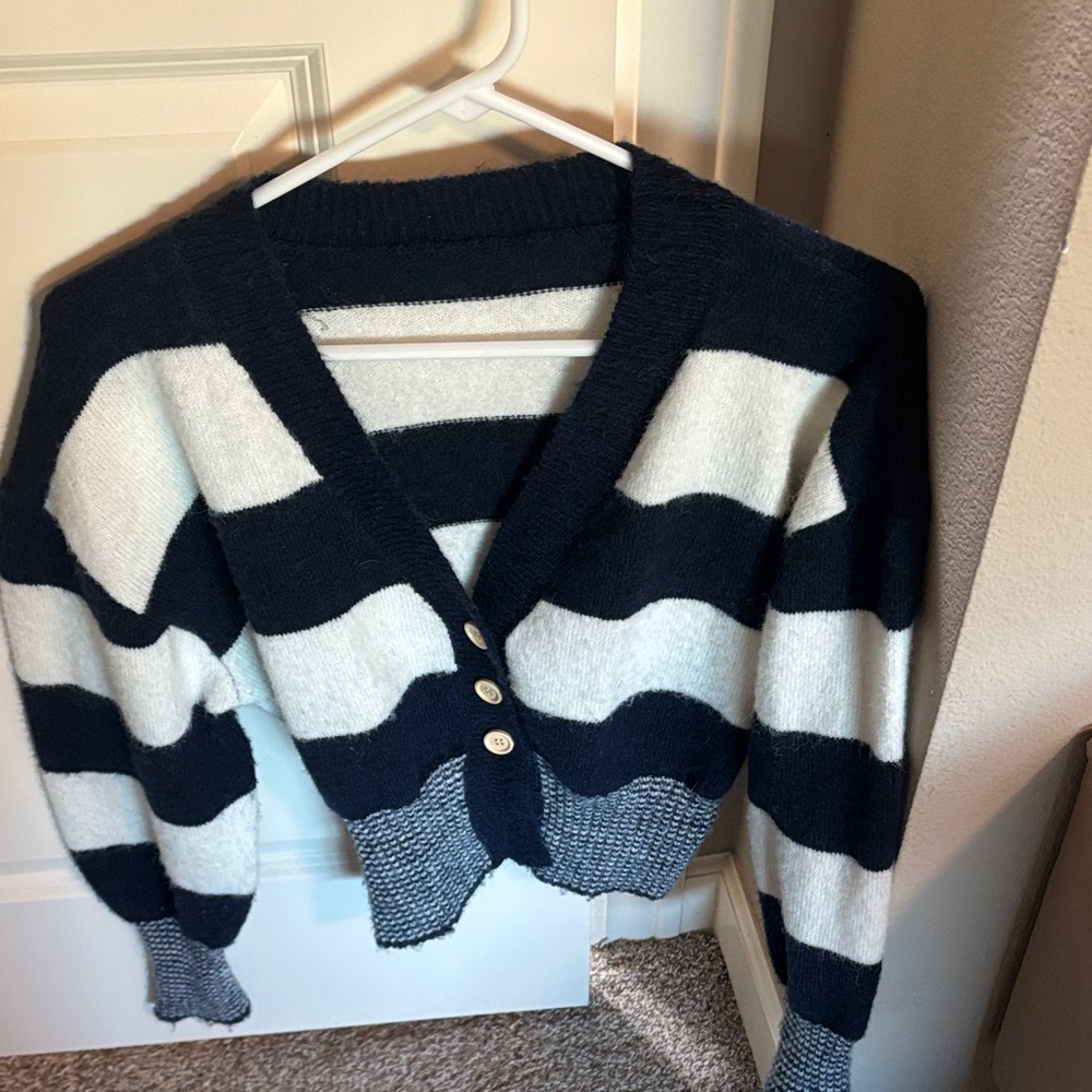 Commense Navy and White Striped Cardigan
